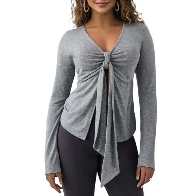 Elegant Lady Front Tie up V Neck T-Shirt Y2K Cottage Retro Grunge Crop Tops Clothes 90S Vintage Women Long Sleeve Blouse Tees