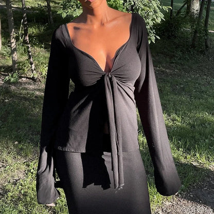 Elegant Lady Front Tie up V Neck T-Shirt Y2K Cottage Retro Grunge Crop Tops Clothes 90S Vintage Women Long Sleeve Blouse Tees