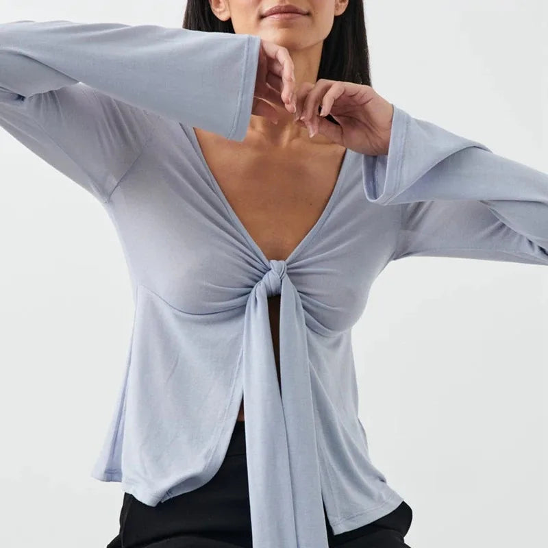 Elegant Lady Front Tie up V Neck T-Shirt Y2K Cottage Retro Grunge Crop Tops Clothes 90S Vintage Women Long Sleeve Blouse Tees