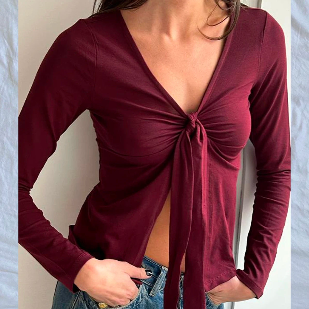 Elegant Lady Front Tie up V Neck T-Shirt Y2K Cottage Retro Grunge Crop Tops Clothes 90S Vintage Women Long Sleeve Blouse Tees