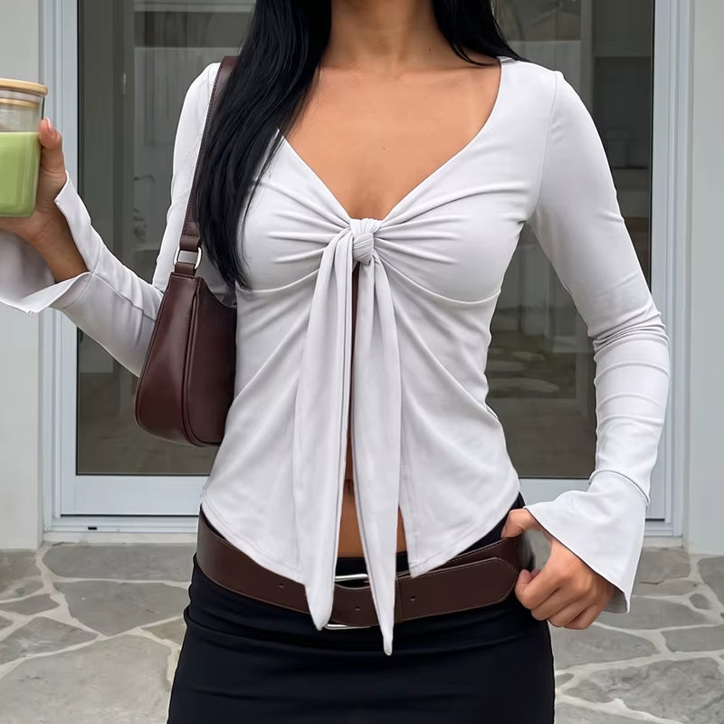 Elegant Lady Front Tie up V Neck T-Shirt Y2K Cottage Retro Grunge Crop Tops Clothes 90S Vintage Women Long Sleeve Blouse Tees