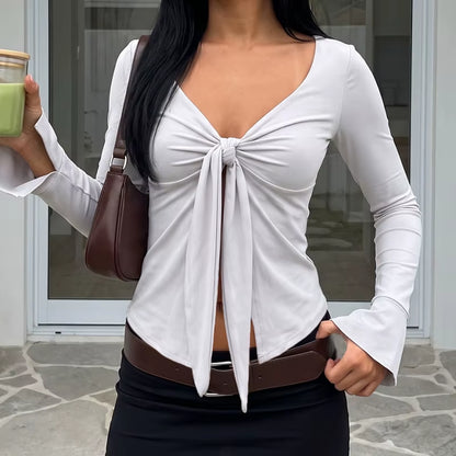 Elegant Lady Front Tie up V Neck T-Shirt Y2K Cottage Retro Grunge Crop Tops Clothes 90S Vintage Women Long Sleeve Blouse Tees